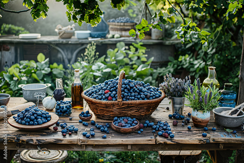 Ripe blueberries arranged on a rustic wooden table, surrounded by the lush greenery of a summer's day. 