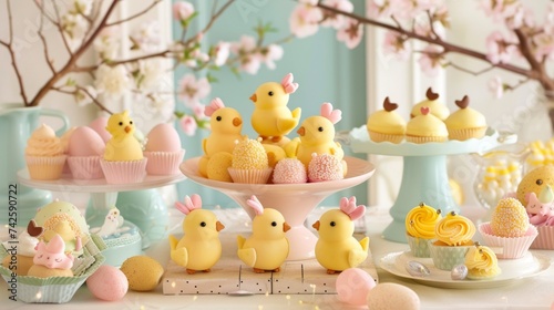 Chick shaped sweets on the decorated with flowers table in soft pink and blue colors © AnaV