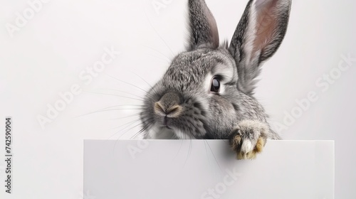 Gray fluffy rabbit with curious expression looking at a blank signboard on white background. Cute Easter bunny concept.