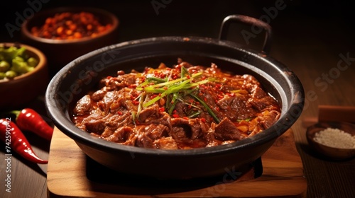 Top view. Korean food. Spicy beef pot on the table.