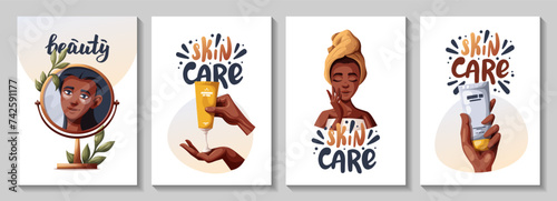 Set of posters with dark skin woman, hands with creams. Beauty, skin care, cosmetic, spa, shower concept. Vector illustration for banner, card, poster. photo