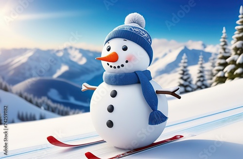 Illustration of a Christmas cute snowman with skis in his hand riding on a ski at a ski resort. against the background of the slope and other skiers and snowboarders photo