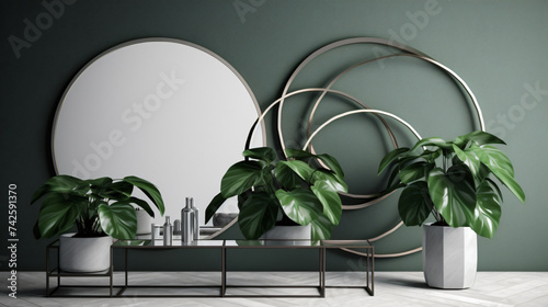 hyper-realistic images of Pothos leaves reflecting in minimalist mirrors. Frame the composition to showcase modern aesthetics and clean lines, creating a visually pleasing and sophisticated Pothos sce photo
