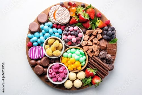 Sweet charcuterie board with chocolate candies, strawberry, cookies and marshmallows on wooden board on white background. Top view. Festive holiday snack for kids.