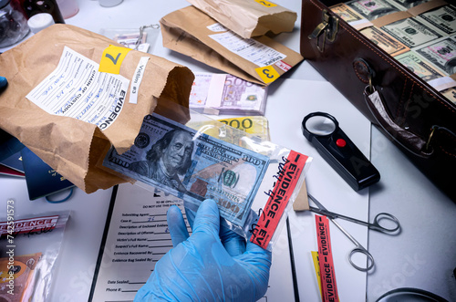 Specialised police officer Counting dollar banknotes in crime lab, conceptual image