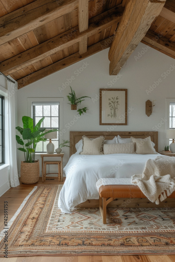 Fototapeta premium Cozy bedroom interior design. Modern light house or hotel room with comfortable large king size bed, luxury linen and stylish trendy minimal or classic decor background. Bedroom home furniture shop .