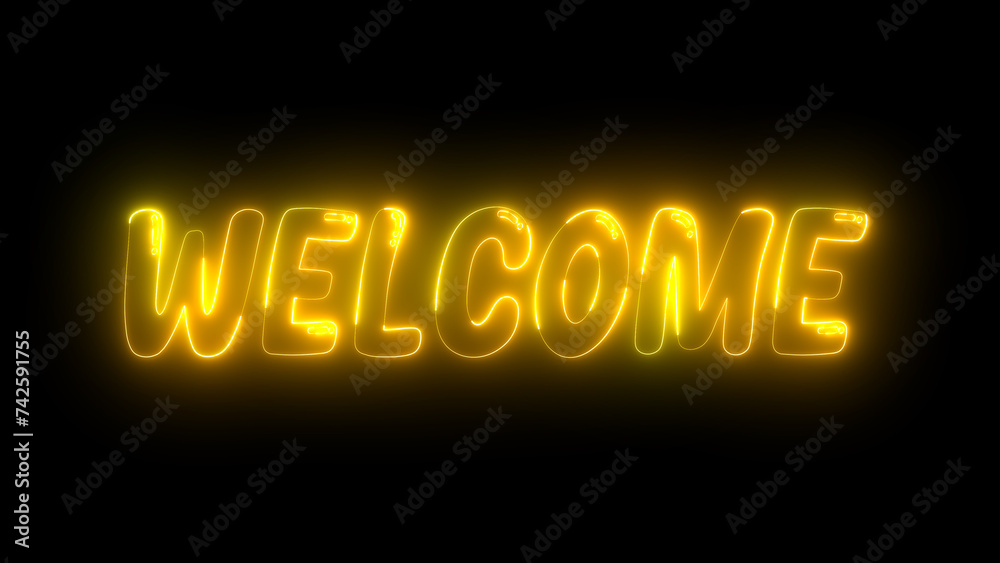Glowing 3D Welcome text on the black background. Animated of the welcome word in multicolor. welcome text on a neon sign. Glowing 3D Welcome text on the black background. Animated of the welcome word in multicolor. welcome text on a neon sign.