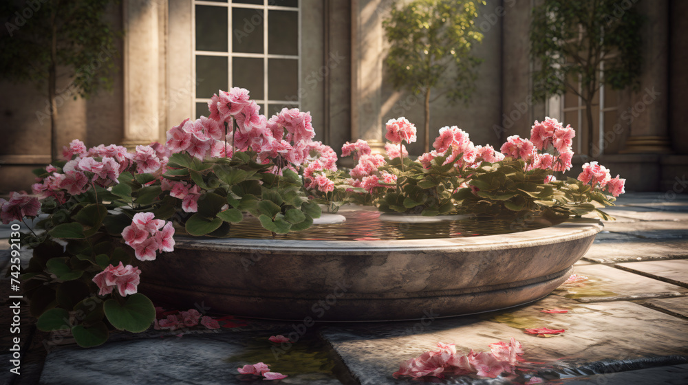hyper-realistic images of Geranium blossoms surrounded by water features, radiating a sense of serenity. Frame the composition to emphasize the serene and calming ambiance, enhancing the cinematic qua