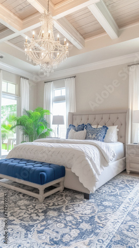 Cozy bedroom interior design. Modern light house or hotel room with comfortable large king size bed, luxury linen and stylish trendy minimal or classic decor background. Bedroom home furniture shop . © Art AI Gallery