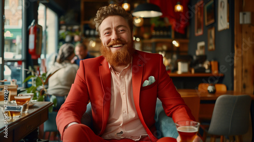 Homme en costume rouge vif dans un pub après le travail, afterwork festif photo