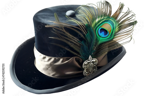 Elegant Black Top Hat with Peacock Feather and Silk Band
 photo