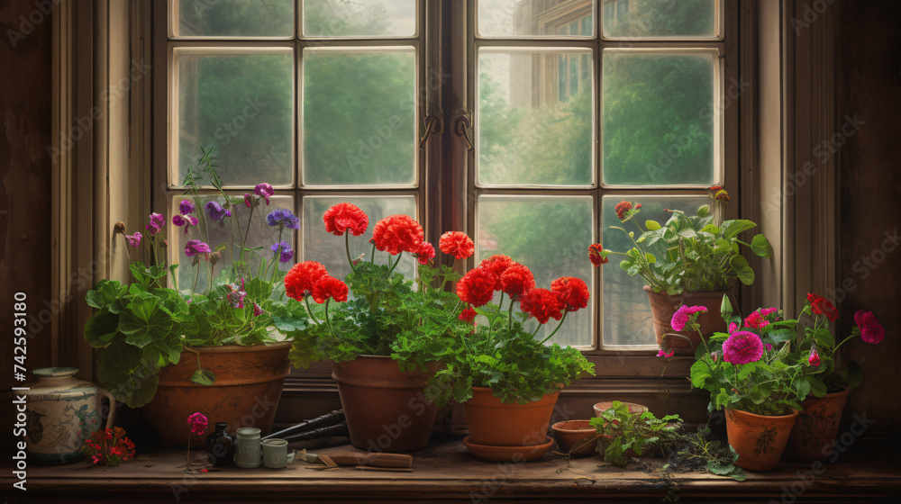  hyper-realistic images of Geranium blossoms adorning a Victorian windowsill. Frame the composition to showcase the vibrant colors and intricate details of Geranium flowers against the backdrop