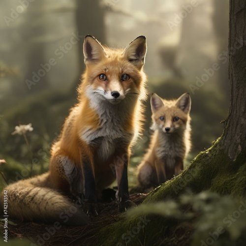 Enchanted Realm Fox Families Flourish in Nature's Whispers, Generative Ai © MUHAMMAD
