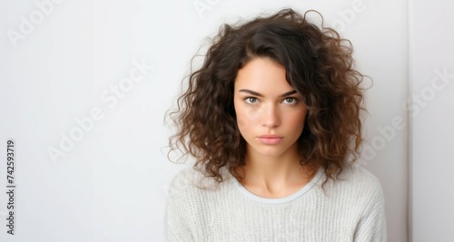 Joven mujer enfadada con cabello rizado y mirada penetrante hacia el frente sobre fondo blanco
