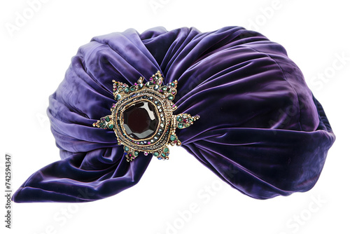 Luxurious Purple Velvet Turban with Embellished Brooch Isolated on White 