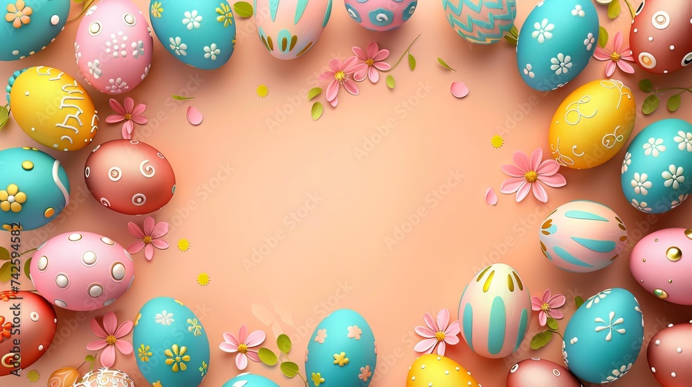 Colorful Easter eggs on a rustic wooden table with spring flowers and a Happy Easter sign Colorful Easter eggs on a rustic wooden table with spring flowers and a Happy Easter sign