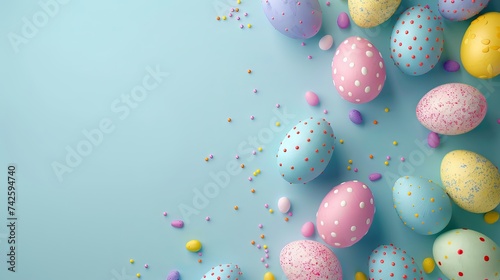 Colorful Easter eggs on a rustic wooden table with spring flowers and a Happy Easter sign