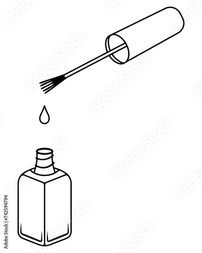 Open tube of nail polish. Polish drips from the brush applicator. Sketch. A voluminous rectangular vial with a narrow neck and a thread for twisting. Vector illustration. Decorative cosmetics.