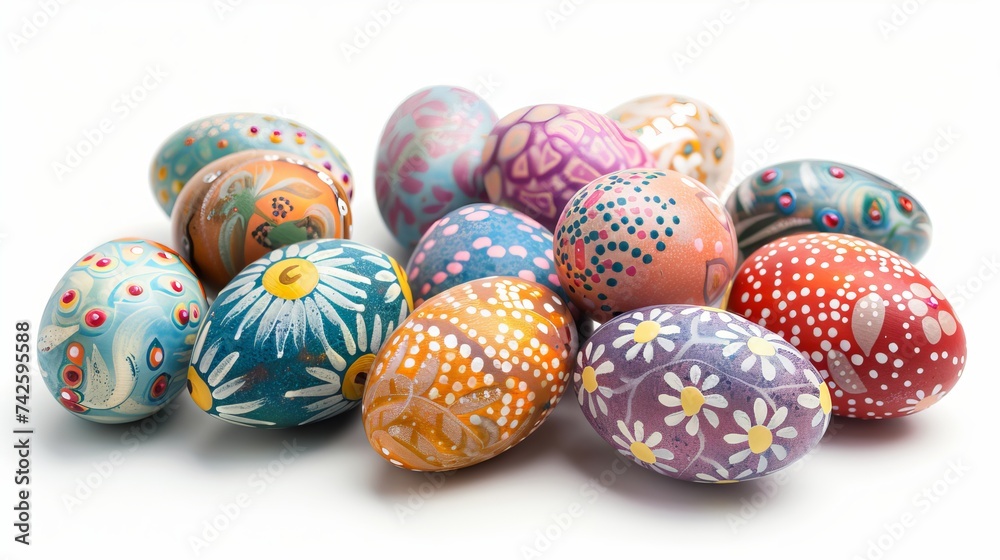 Handmade Easter eggs in vibrant colors on white background Handmade Easter eggs in vibrant colors on white background