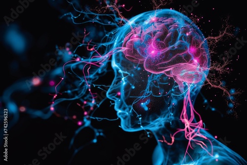 AI Brain Chip ion. Artificial Intelligence cognitive human scalability mind circuit board. Neuronal network server incident response smart computer processor stream processing