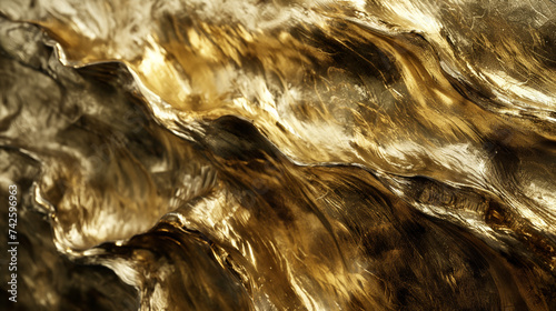 Close-up of an abstract wave with a flat surface, styled in glossy gold. Features photobashing, shiny reflective details, and soft-edged drapery for an abstract creation. photo