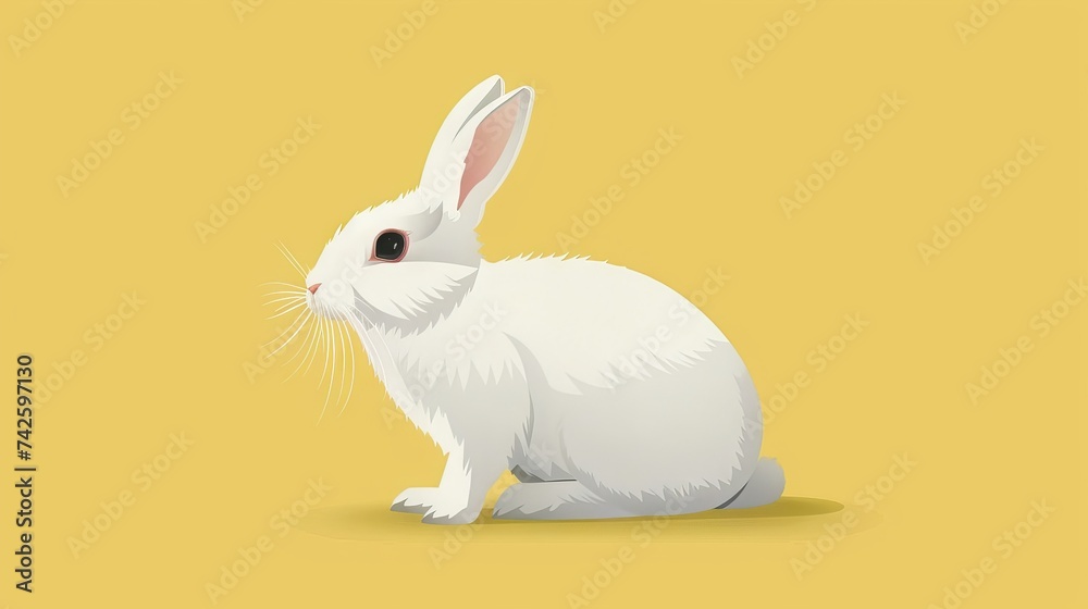 Fototapeta premium Cute white bunny with colorful eggs and flowers on pastel background