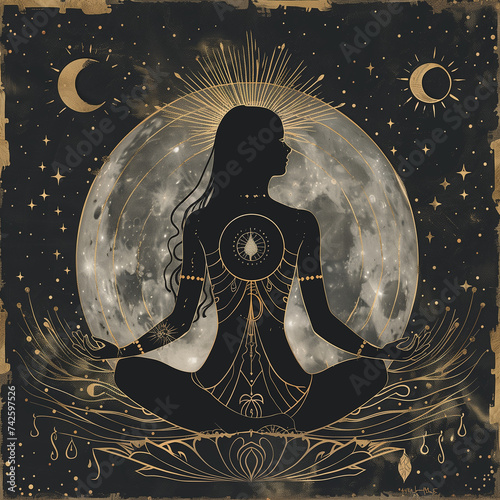 Lunar art piece about women connecting to the power of the moon and universe, inspired by spiritual traditions. Mystical and magical imagery. Womans circles and retreats, lunar circles and red tents.