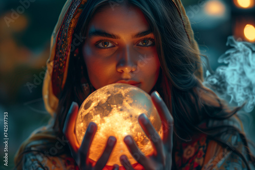 Portrait of a young woman with a full moon glowing in her hands.