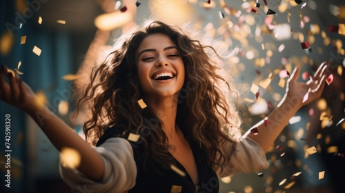 A happy smiling young woman with festive confetti outside in summer. Celebrating a Victory, Winning the lottery, Success in business, Birthday, Positive emotions concepts.
