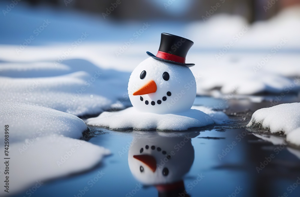 Melted cute snowman in puddle. - obrazy, fototapety, plakaty 