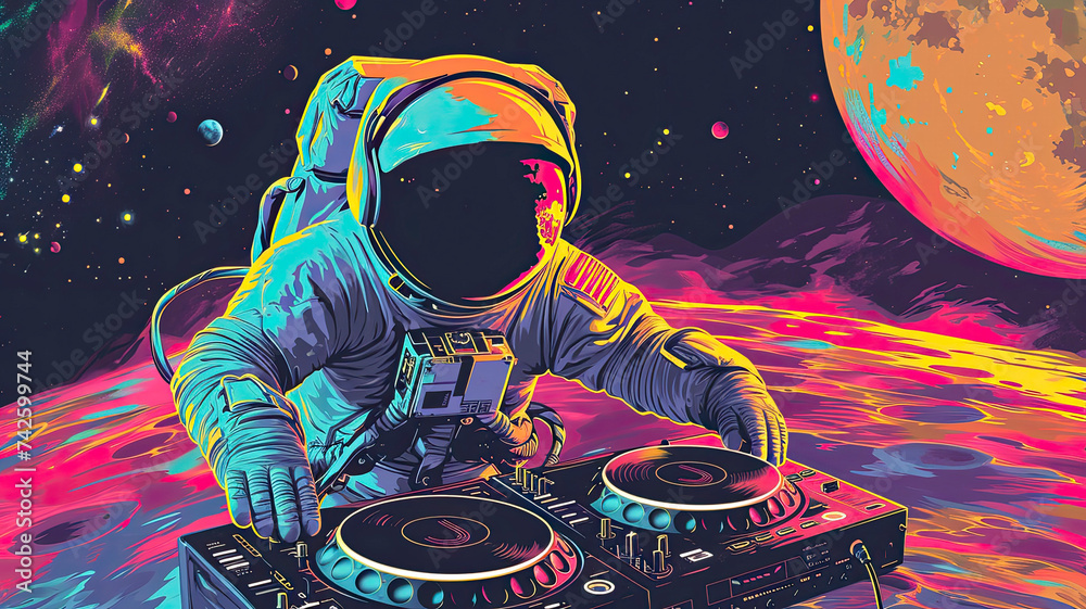 DJ astronaut in spacesuit plays music colorful background digital art vector style