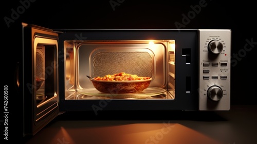 Microwave oven view of hot food in the kitchen