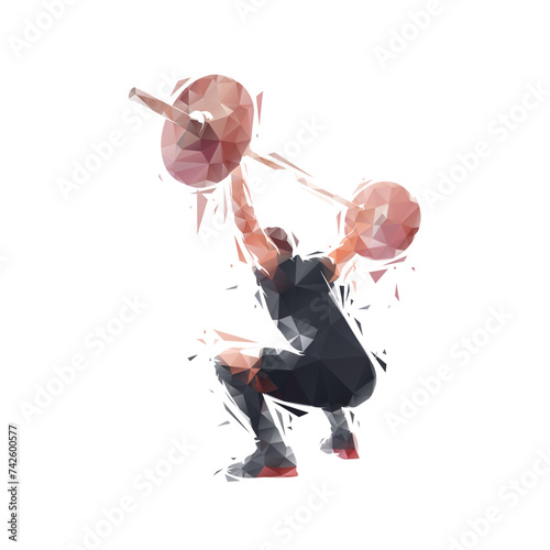 Weightlifting, man in gym, squat workout. Low poly isolated vector illustration from triangles