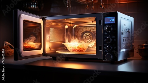 Microwave oven view of hot food in the kitchen