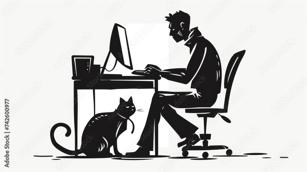 Black and white graphic illustration of a man working at a computer accompanied by a cat, AI generated Image Black and white graphic illustration of a man working at a computer accompanied by a cat, AI generated Image