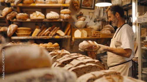 Artisan Baker with Freshly Baked Bread in Bakery 