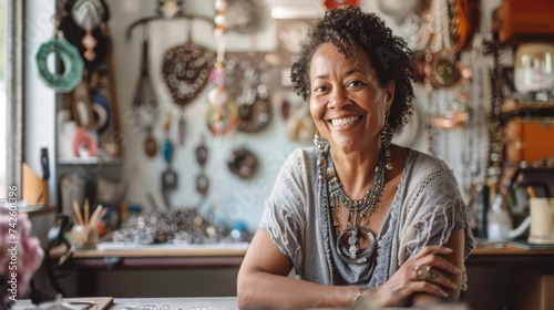 Joyful Jewelry Designer in Her Craft Studio 