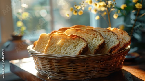 Sliced white bread in basket on aged wooden background photo