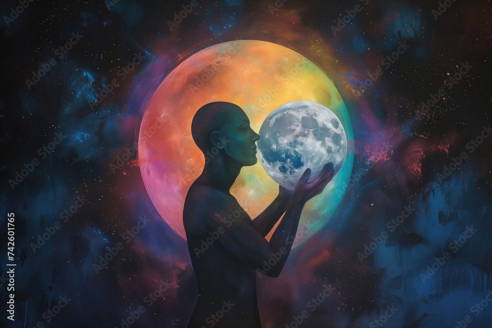A visual artwork showcasing a figure in a moment of connection with a celestial body, set against a backdrop of cosmic colors, fitting for themes of personal discovery, astrology, and LGBT culture