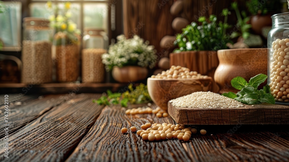 Variety of soy products arranged neatly on a wooden surface Variety of soy products arranged neatly on a wooden surface