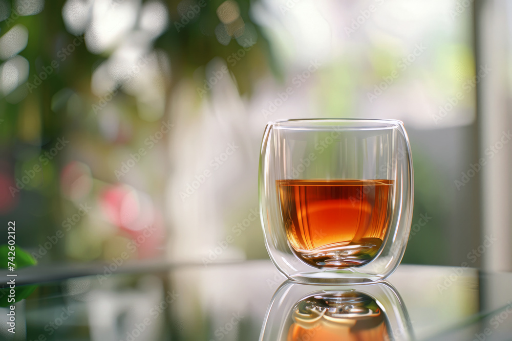 Beautiful transparent glass with tea standing on the kitchen table top with kitchen bokeh and plants with space for text or inscriptions
 - obrazy, fototapety, plakaty 