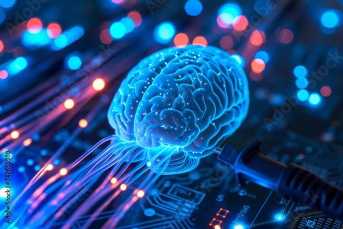 AI Brain Chip electrical. Artificial Intelligence resistors human mammillary bodies mind circuit board. Neuronal network content management system smart computer processor data governance photo