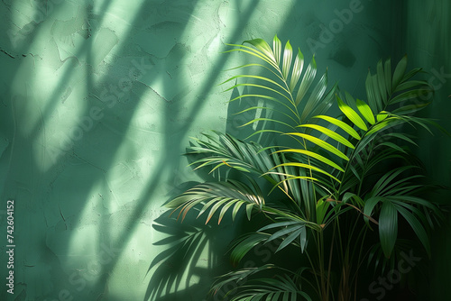 A potted plant set against a vibrant green wall  creating a striking contrast with its surroundings. The image features leaves and shadows in a minimalistic composition