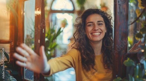 Cheerful woman inviting people to enter in home