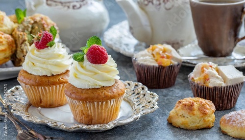 gourmet cupcakes with a tea tray of sandwiches and scones