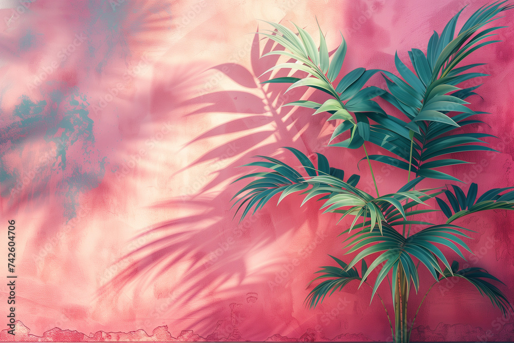 A close-up painting of a palm tree with a green leaf background against a pink wall, featuring a minimal abstract design with a tropical shadow, with copy space