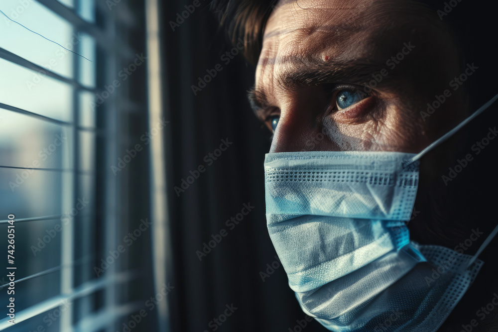 Close dramatic portrait of man in mask looking out window with blinds, home quarantine theme
