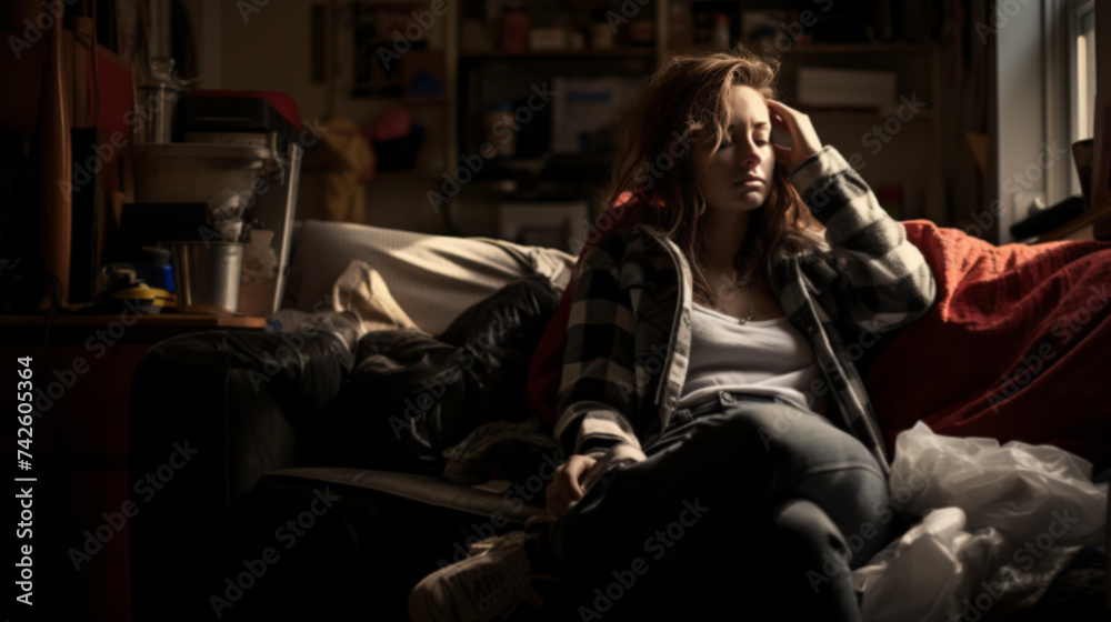 Anxious woman with depression laying on couch at home, suffering from mental illness difficulties in solitude and negativity. - obrazy, fototapety, plakaty 