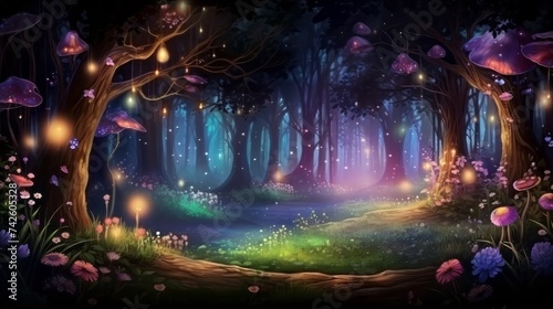 Fantasy fairy tale forest with fireflies 