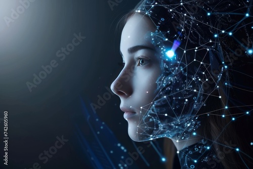 AI Brain Chip algorithm. Artificial Intelligence training human memory controller mind circuit board. Neuronal network augmented reality smart computer processor swarm intelligence